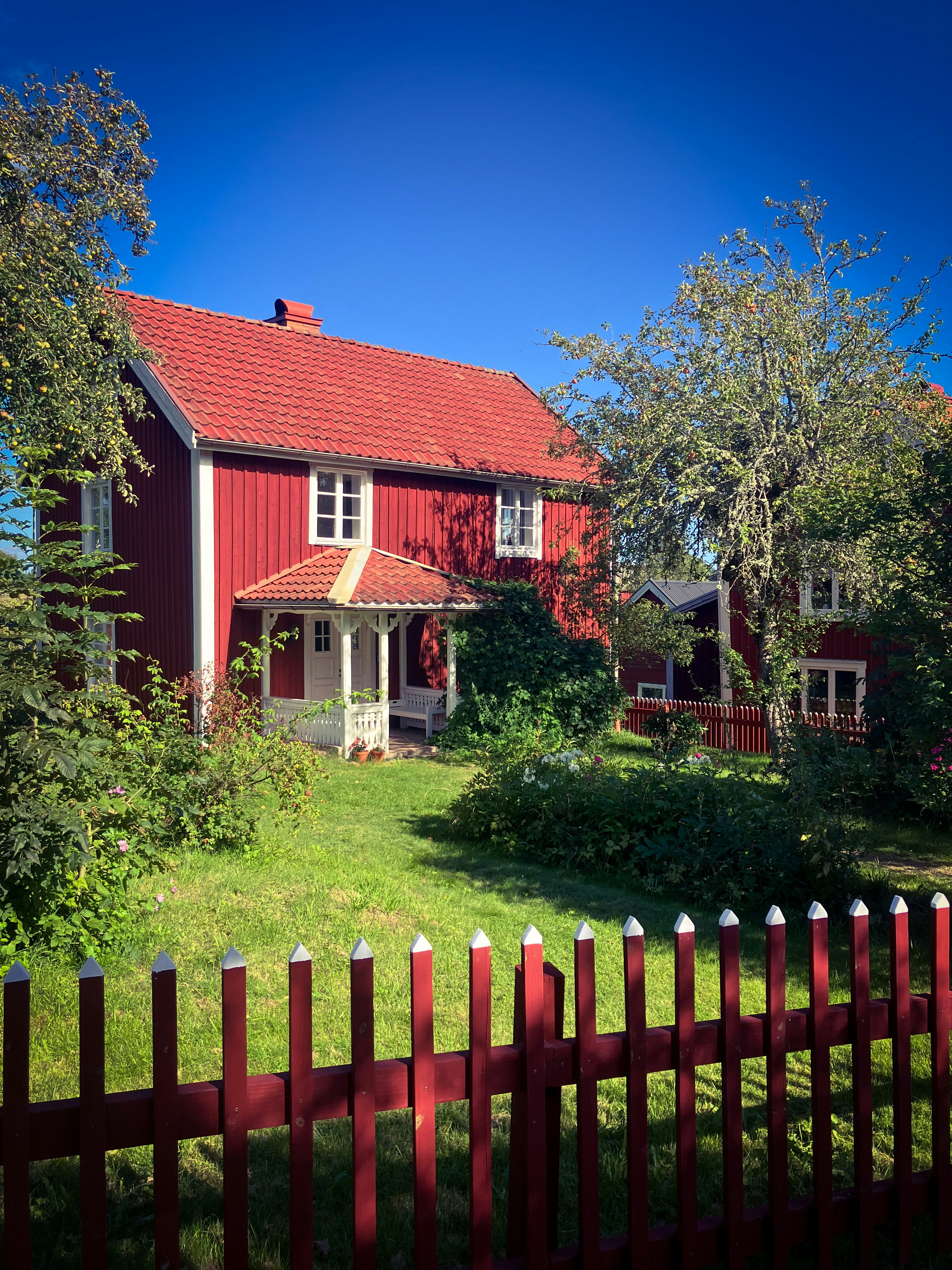 Rødt hus med hvite lister med grønn plen og inngjerdet hage under skyfri himmel.